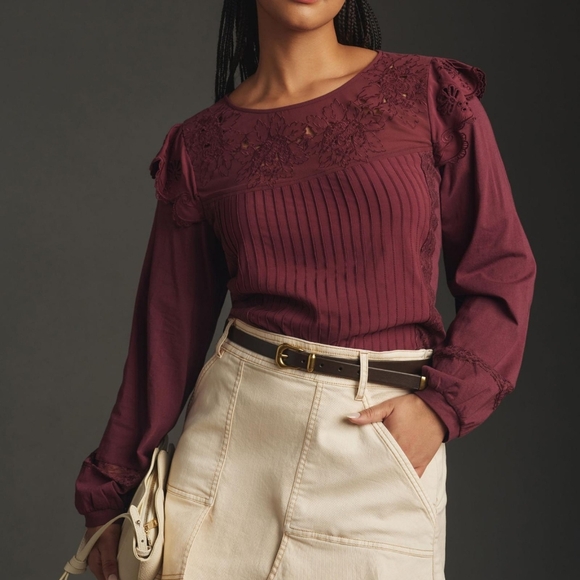 Tiny Anthropologie Long Sleeve Lace Crescent Top In L - Picture 4 of 12